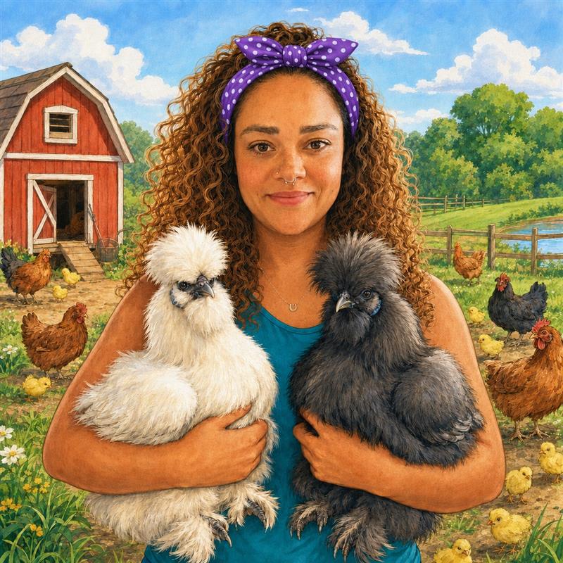 Thamiris Capriglione holding a white Silkie and a black Silkie on her farm