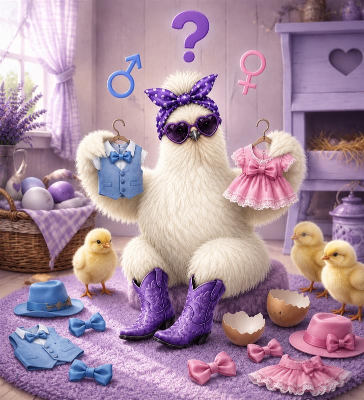 Silkie mascot comparing blue and pink chick outfits before learning a chick’s sex