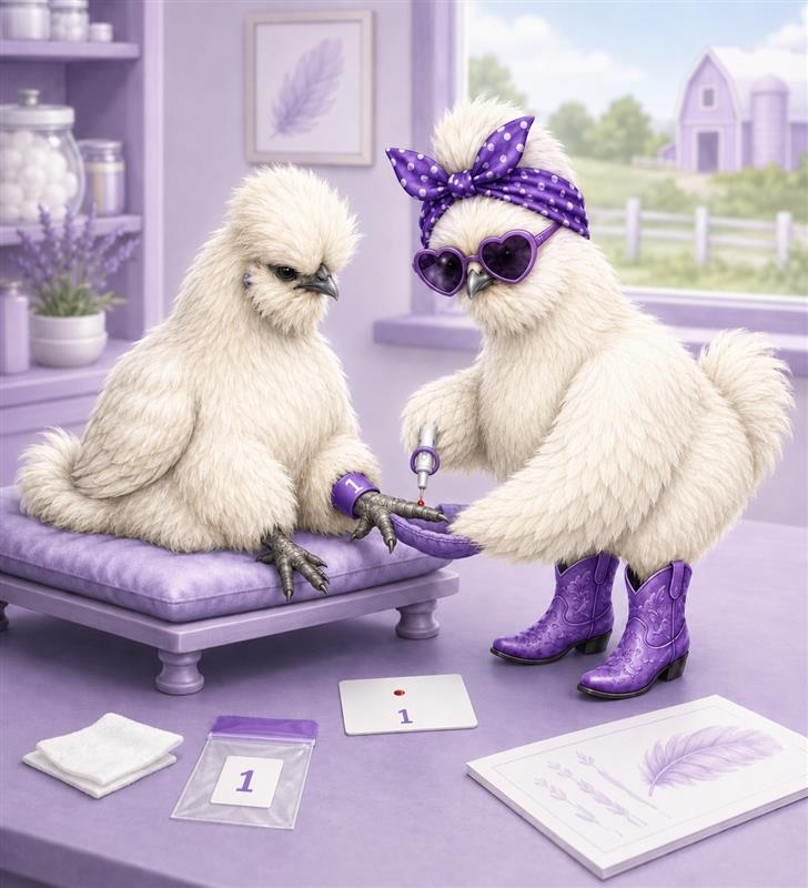 Silkie chicken mascot carefully collecting a numbered blood sample from another chicken