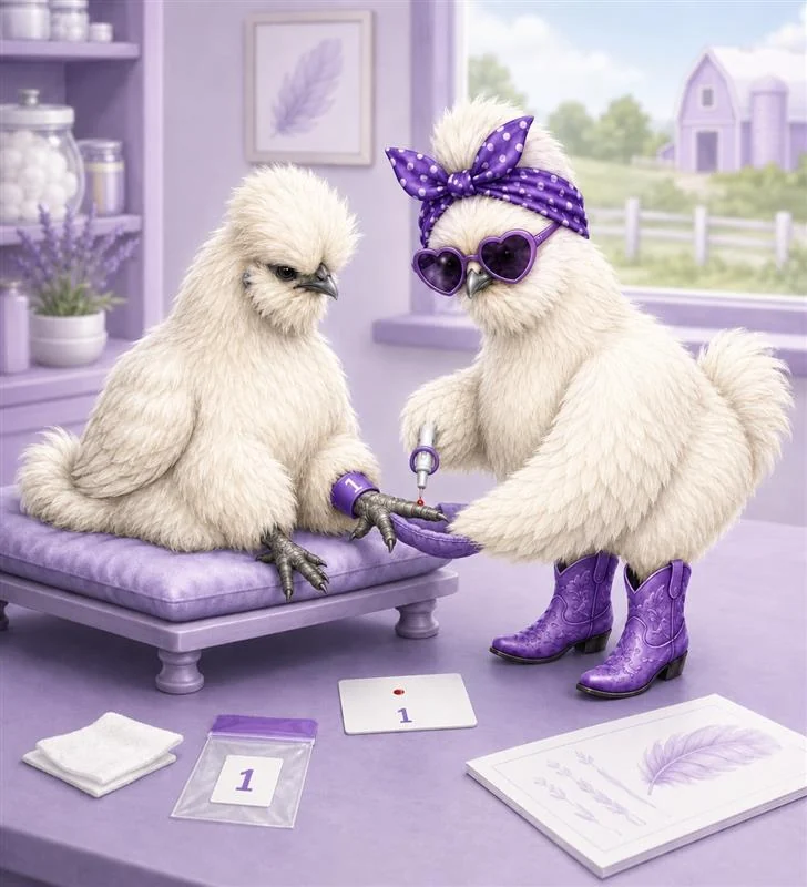 Silkie chicken mascot carefully collecting a numbered blood sample from another chicken