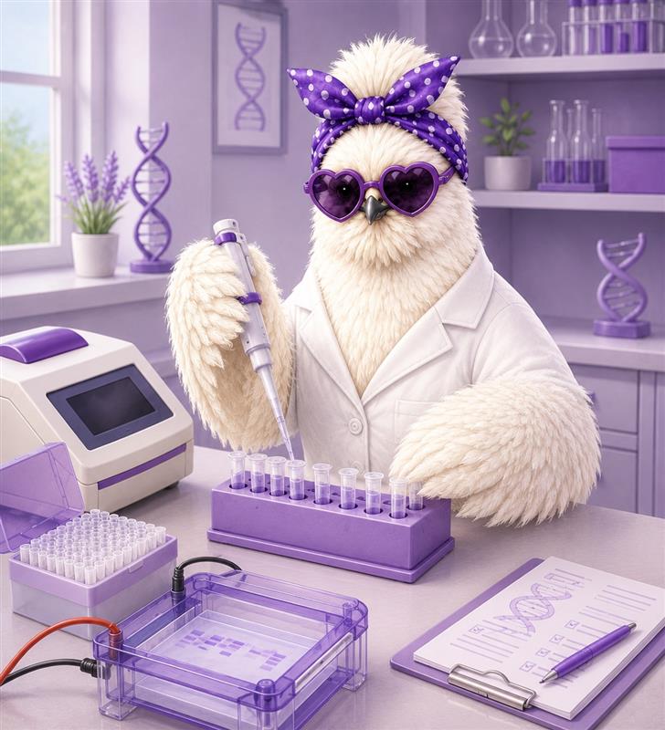 All The Single Ladies DNA Silkie mascot working with samples in a purple laboratory