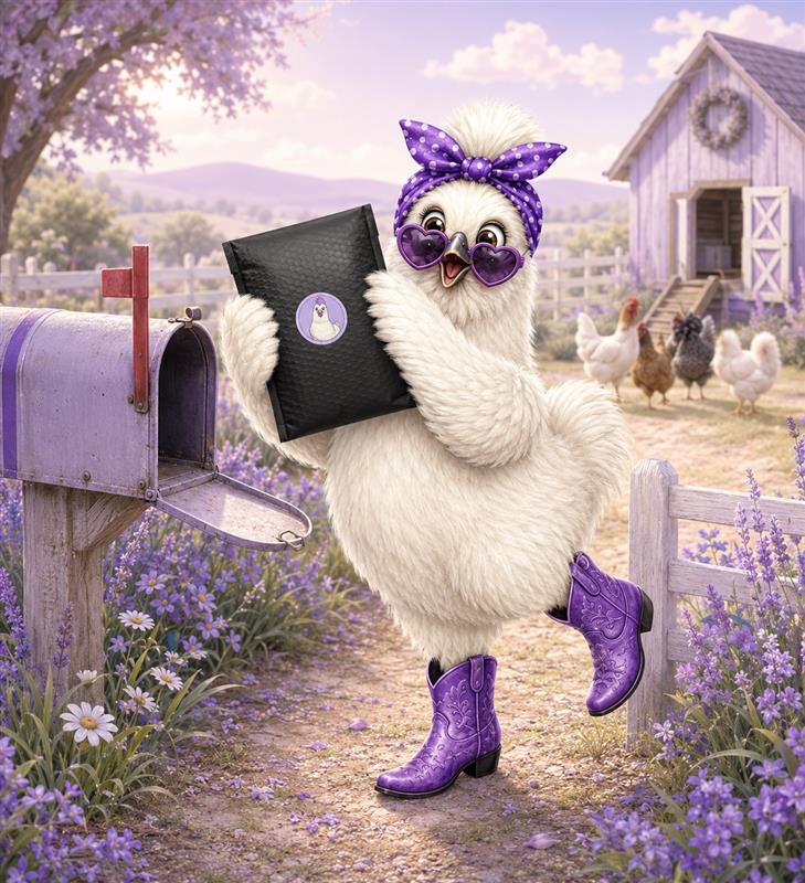 Silkie mascot mailing a protected sample package from a farm mailbox